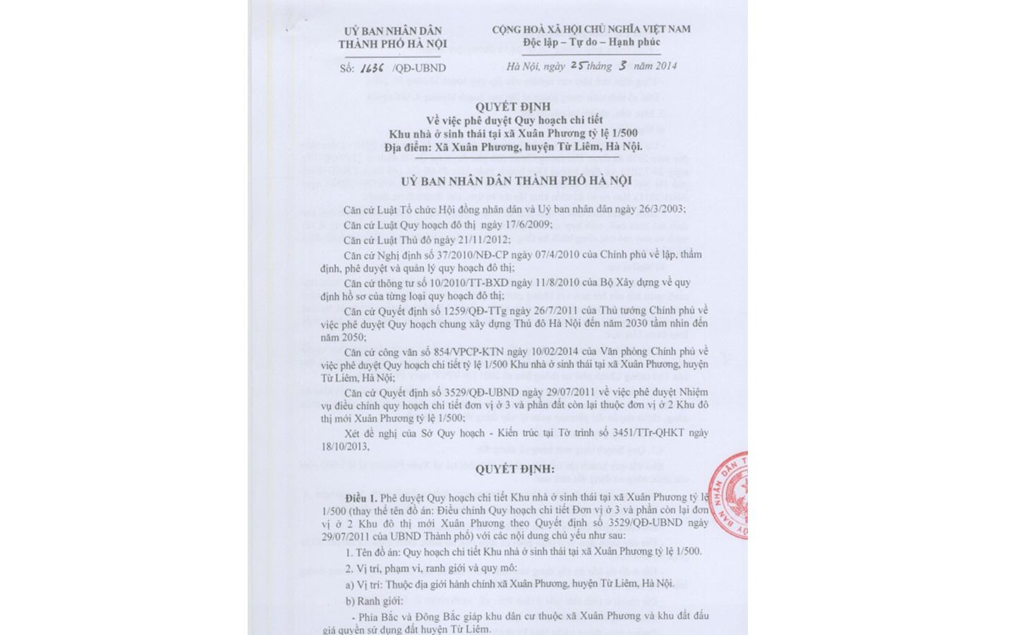 Phê duyệt quy hoạch chi tiết Khu sinh thái Xuân Phương Tasco